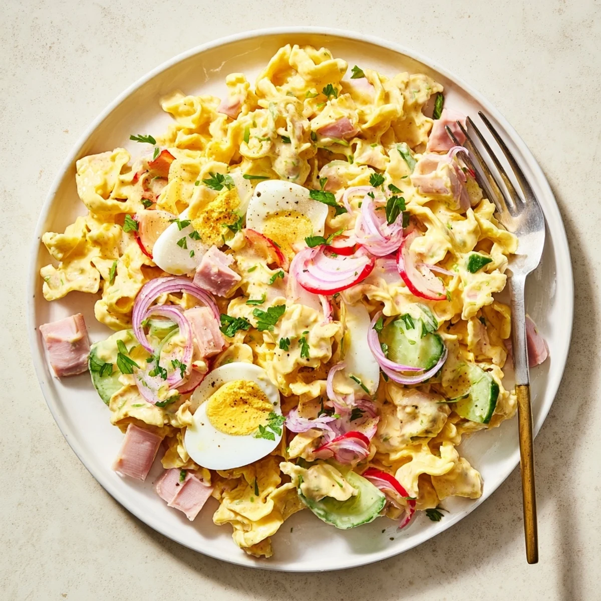 Zartes Swabian Egg Pasta Salad mit frischen Gemüsen und cremigem Dressing.  