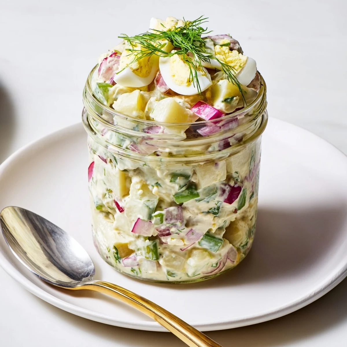 Klassischer Kartoffelsalat im Glas, frisch geschichtet mit knusprigem Gemüse und würzigem Dressing.