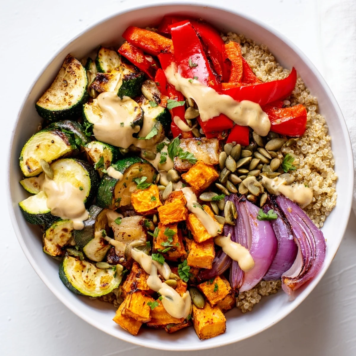 Nährstoffreiche Quinoa-Schüssel mit geröstetem Gemüse, perfekt für ein leichtes Abendessen.  