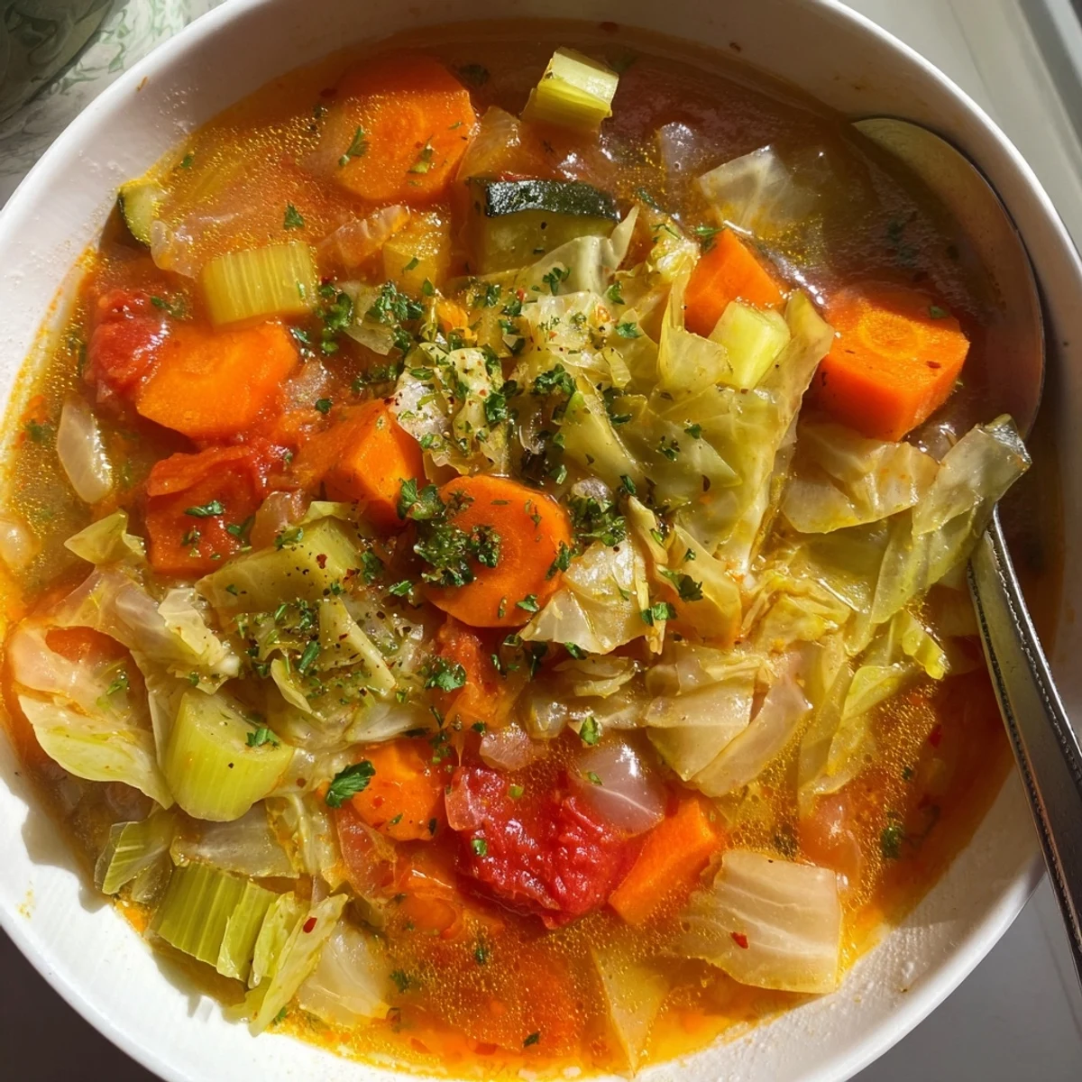 Leckere vegane Kohlsuppe mit buntem Gemüse und aromatischen Kräutern, einfach zu genießen.