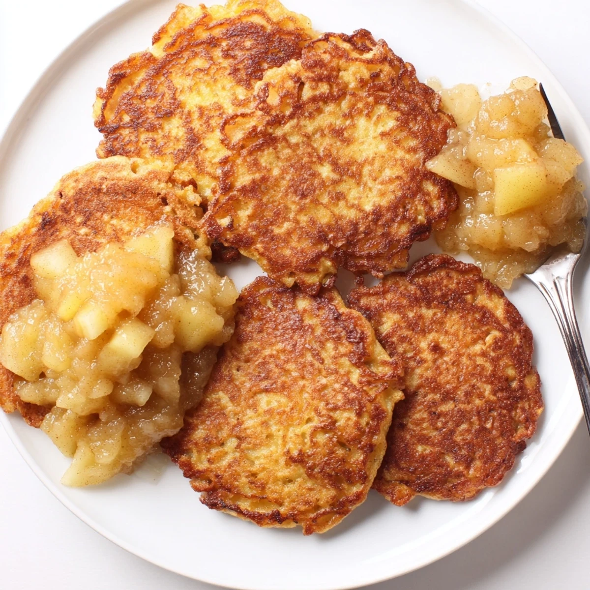 Crispy potato pancakes with applesauce, a delightful breakfast for any occasion.  