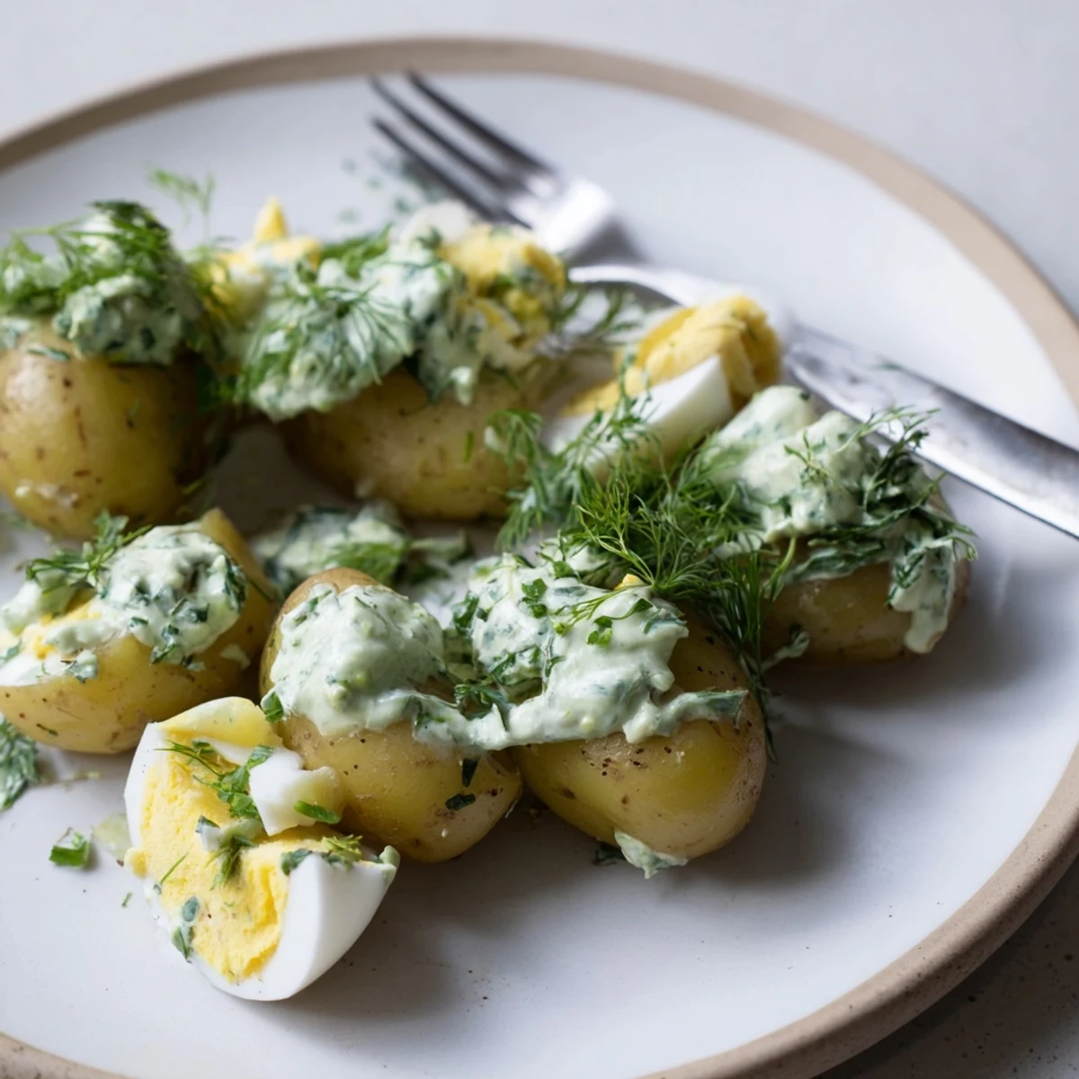 Frische grüne Sauce verleiht den warmen Kartoffeln einen cremigen, geschmackvollen Akzent.