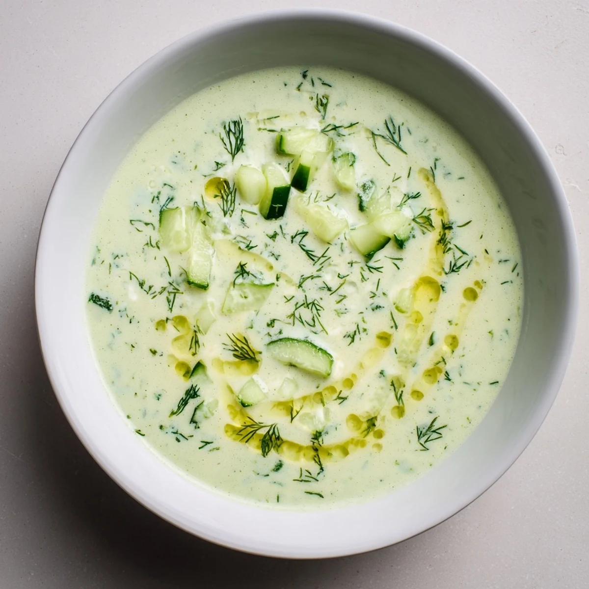 Erfrischende kalte Gurken-Joghurtsuppe mit frischen Kräutern und cremiger Textur.