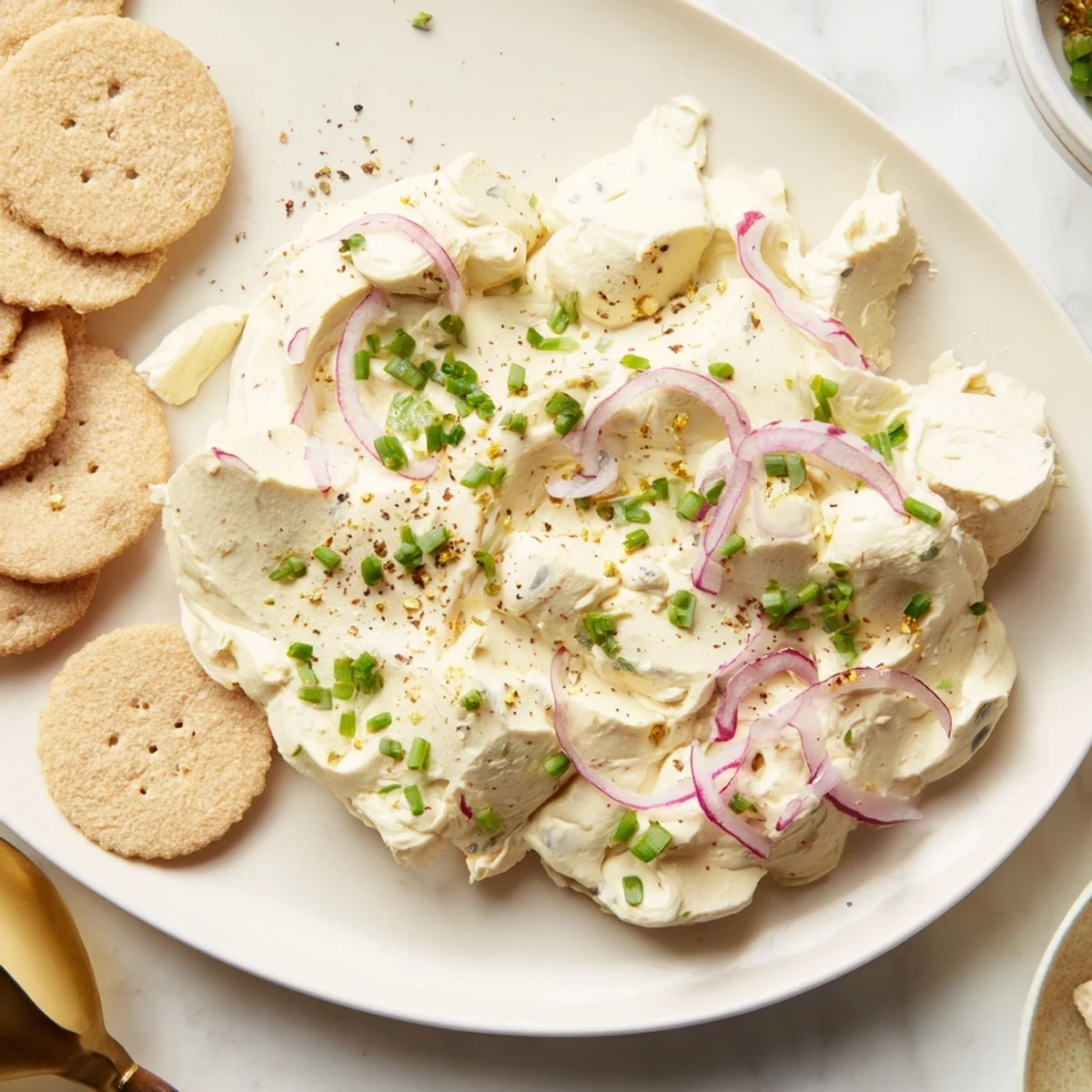 Cremiger Obazda Käseaufstrich mit kräftigen Gewürzen und zarten Crackern serviert.  