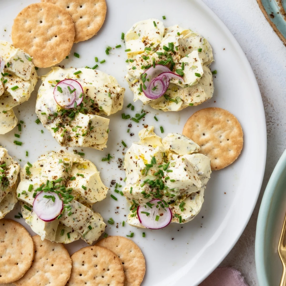 Genussvoller Obazda Käseaufstrich, garniert mit Zwiebelringen und frischen Kräutern, auf Crackern.