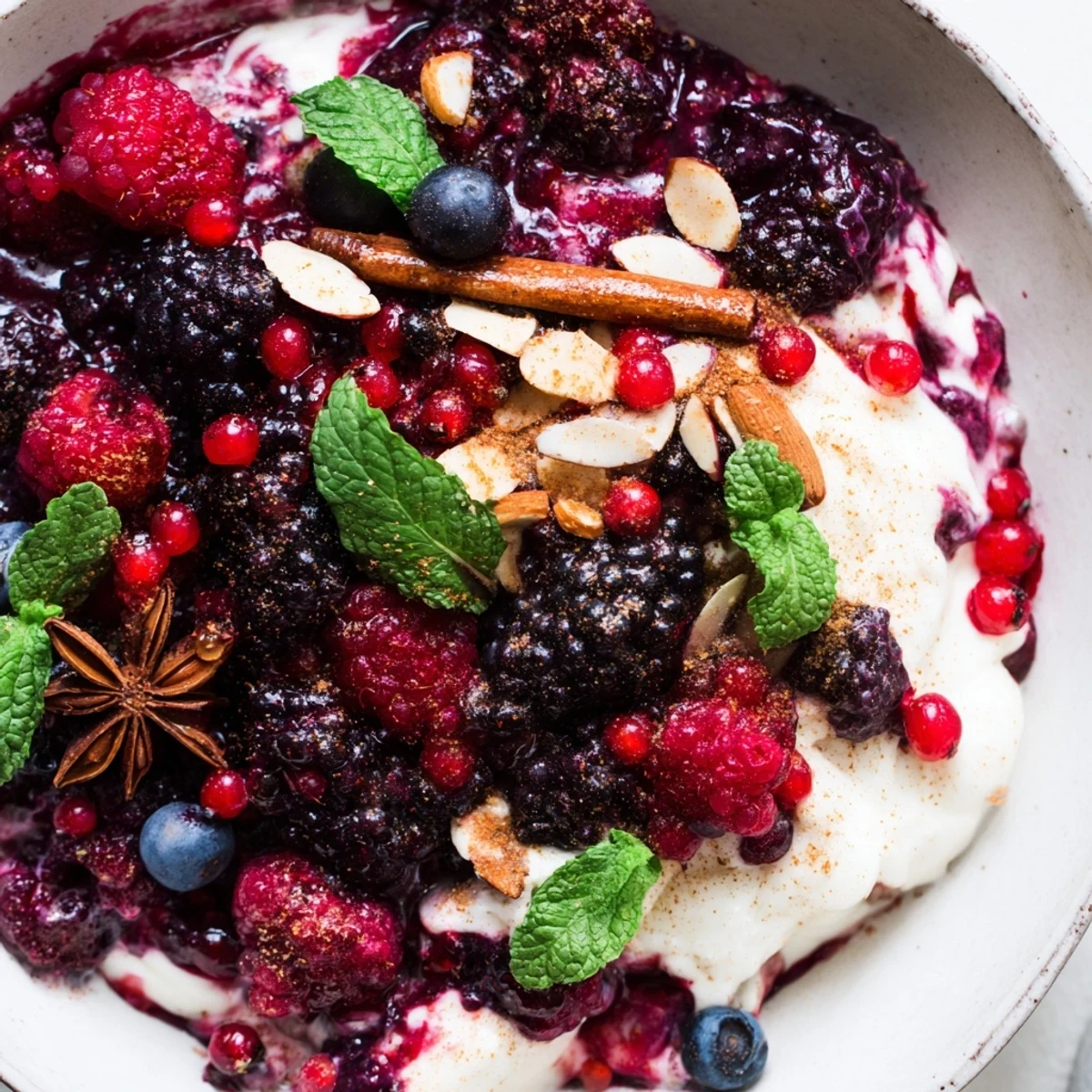 A bowl of warm German spiced berry compote over creamy vanilla yogurt, a delightful dessert.