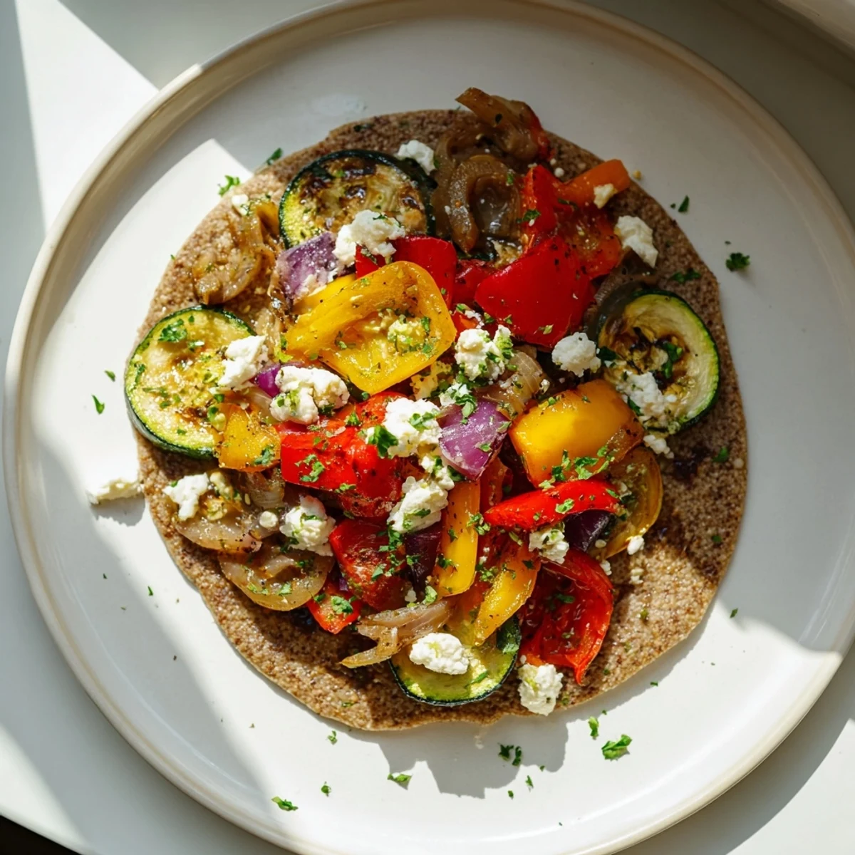 Savory Buckwheat Pancakes with roasted veggies, showing golden-brown pancakes and colorful, tender vegetables.