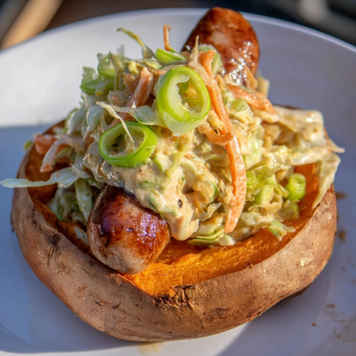 Golden-brown Baked Sweet Potato Bratwursts with vibrant sauerkraut slaw; a delicious main dish.