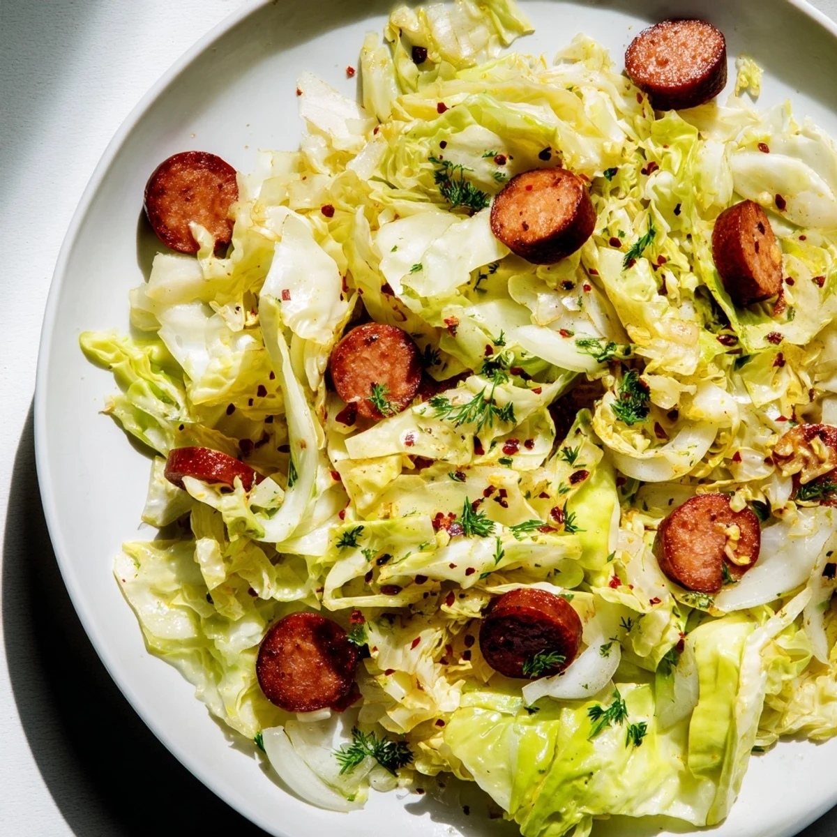 Savory and comforting: a close-up of Crispy Cabbage & Sausage Skillet, caramelized and delicious.