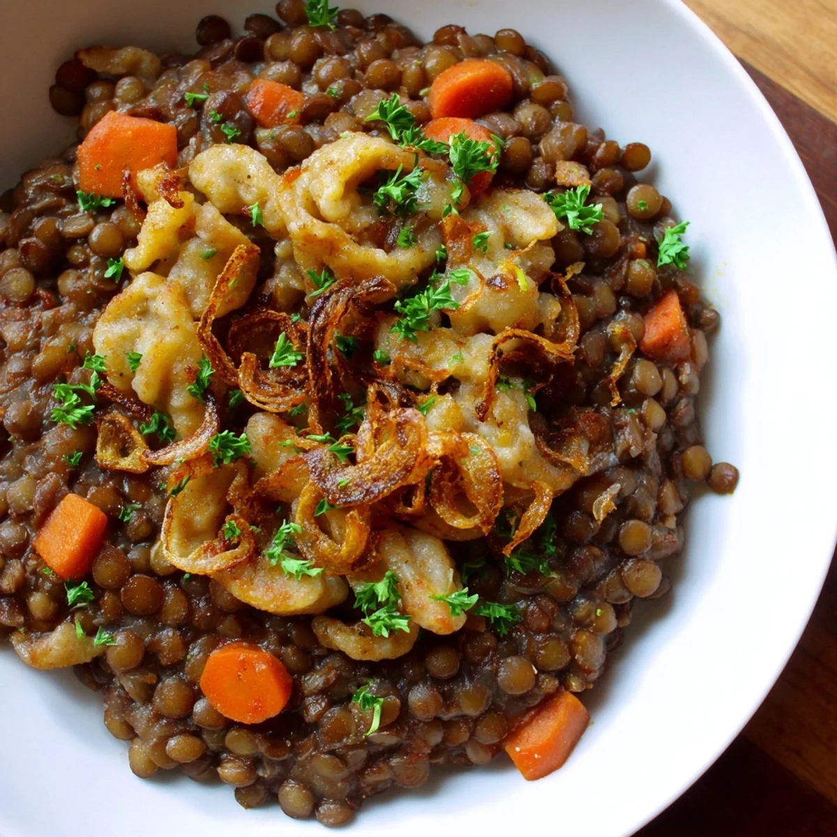 Warm bowl of Budget Lentil & Spätzle: a comforting, vegetarian German meal with a rich stew.