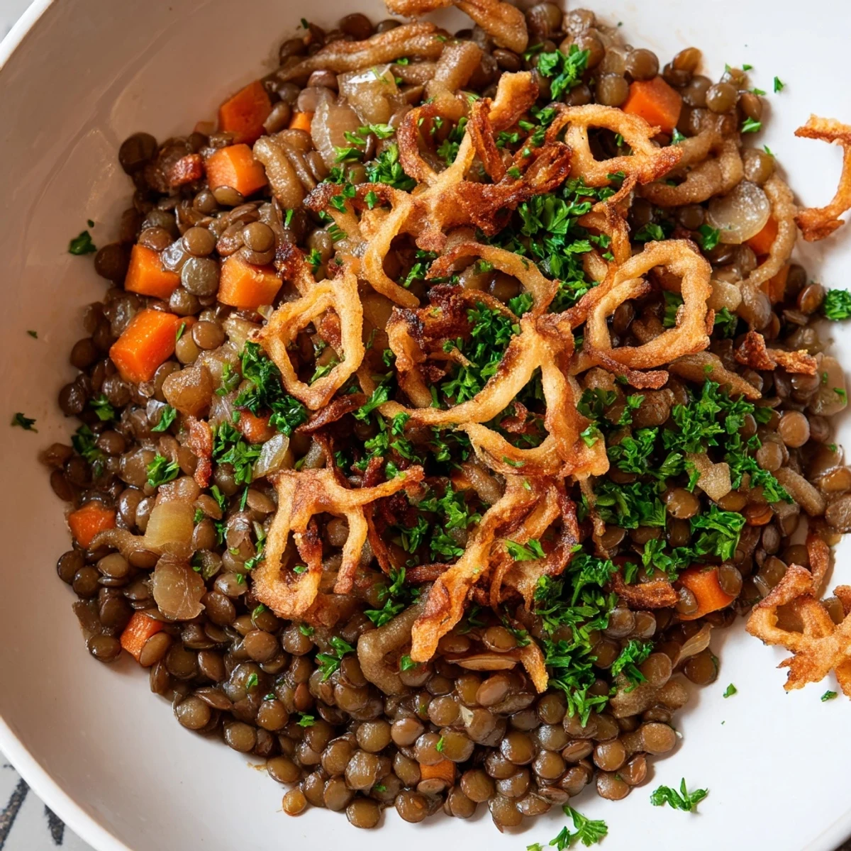 Close-up of Budget Lentil & Spätzle Bowl, showing tender lentils and buttery Spätzle, plus fresh parsley.