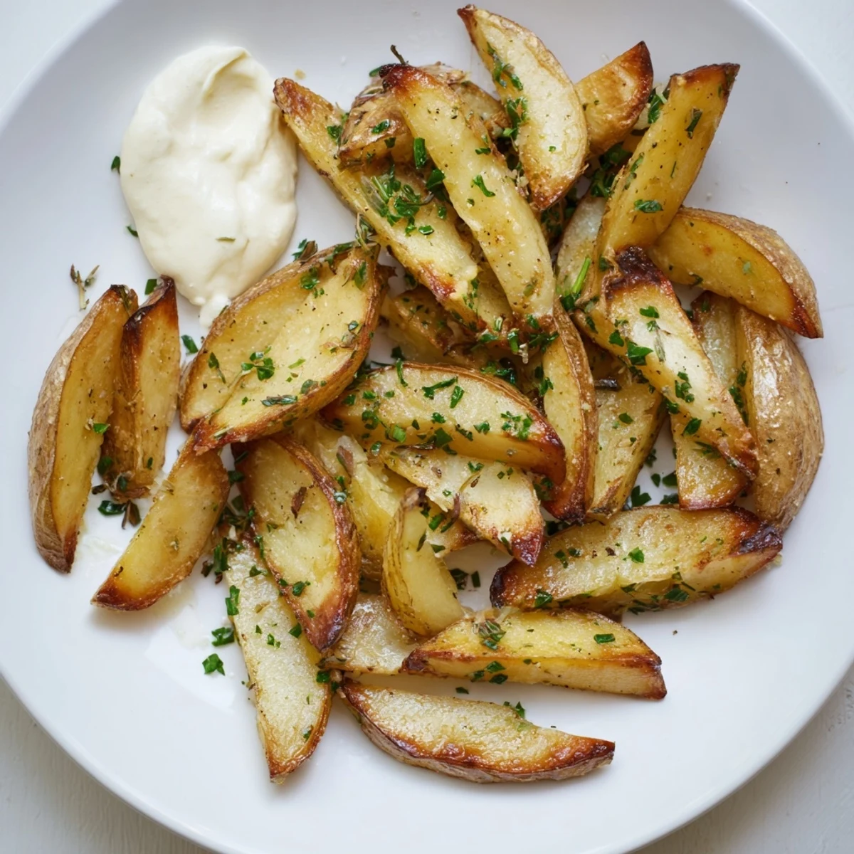 Golden-brown vegetarian herb potato wedges with a vibrant, creamy mustard dip ready to serve.