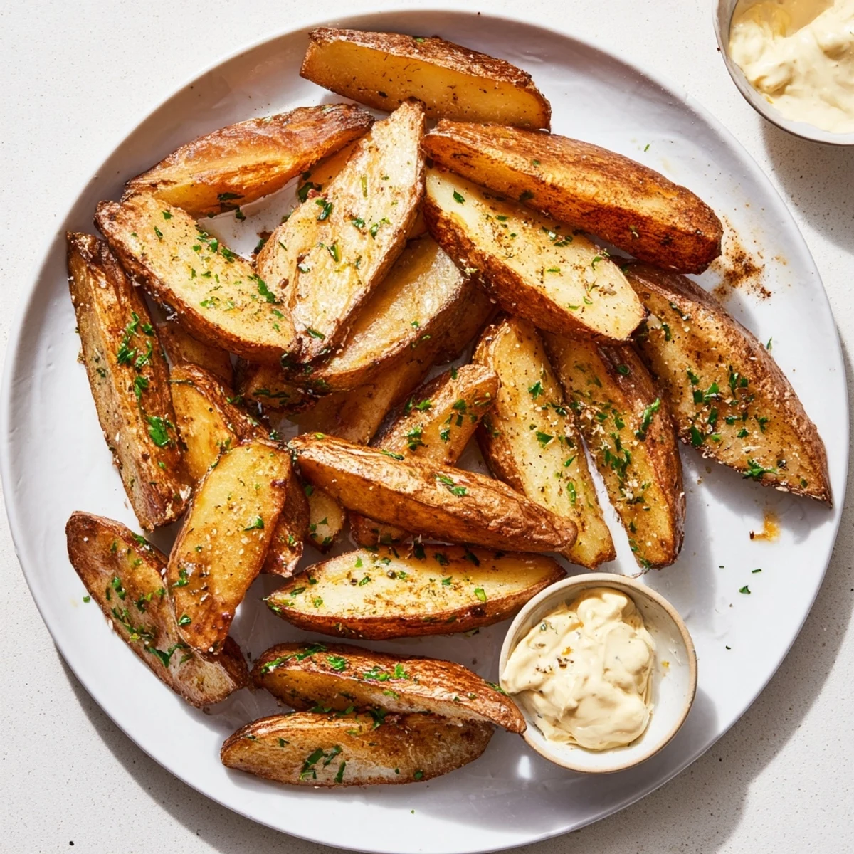Close-up of crispy, oven-baked vegetarian herb potato wedges, sprinkled with fresh herbs, alongside mustard dip.