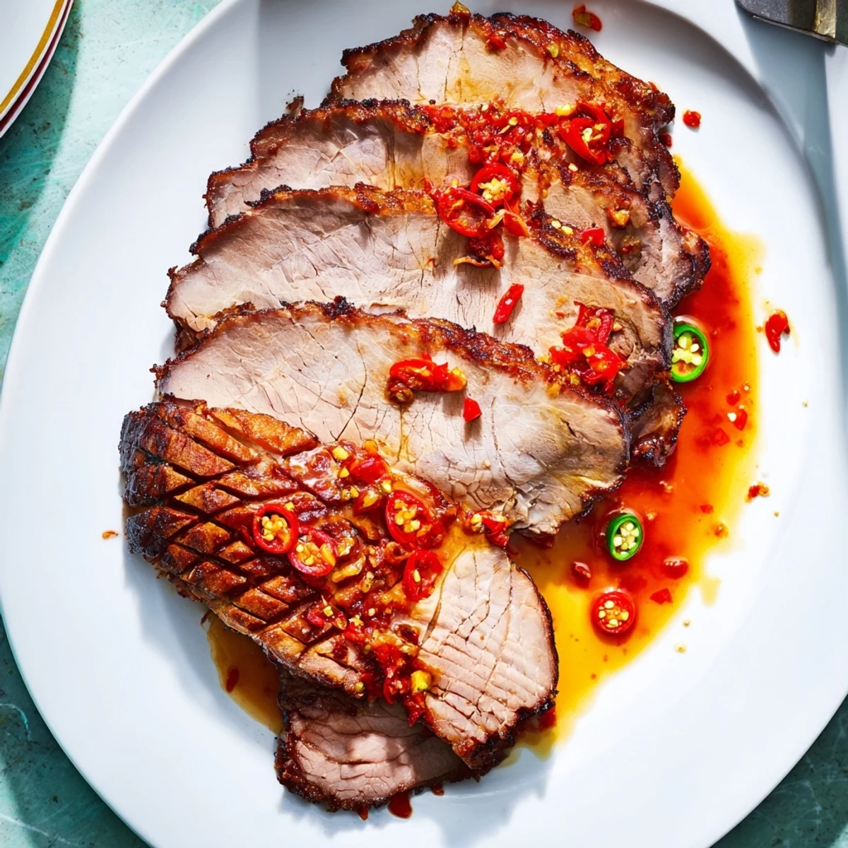 A close-up of sliced Bavarian roast pork, showcasing juicy meat with a vibrant chili-ginger glaze.