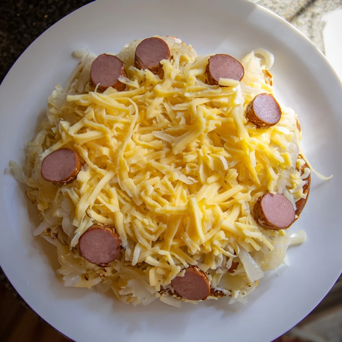 Hearty Bratwurst & Sauerkraut Pie, a flavorful German main dish with a crispy pretzel crust.