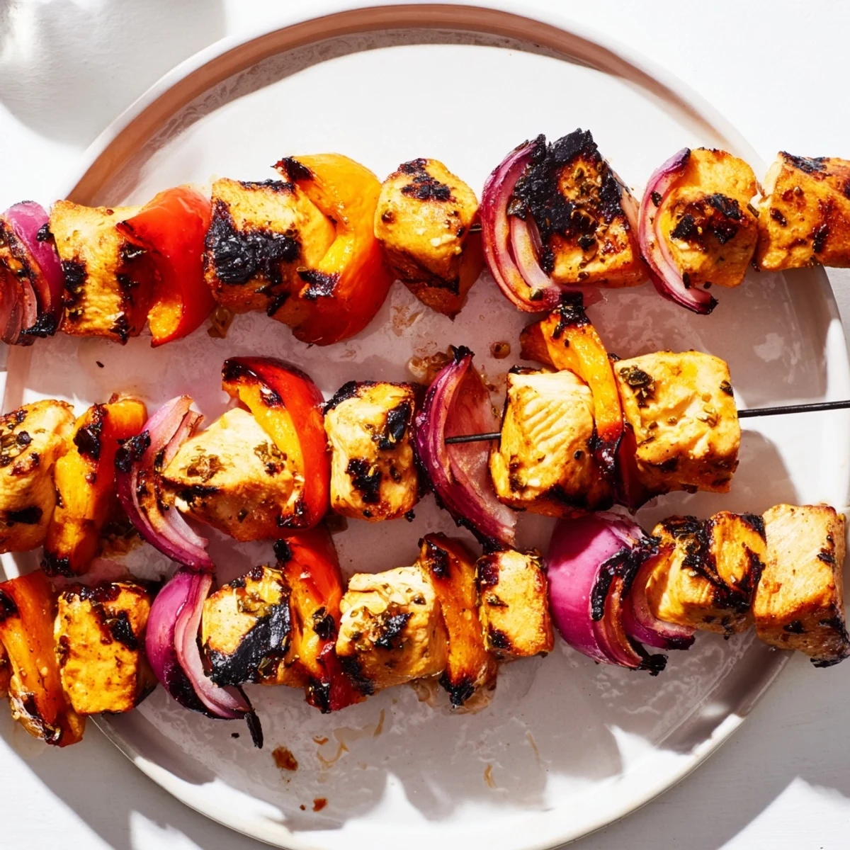 Juicy Glühwein-Marinated Chicken Skewers, grilled with colorful peppers, ready to be enjoyed.