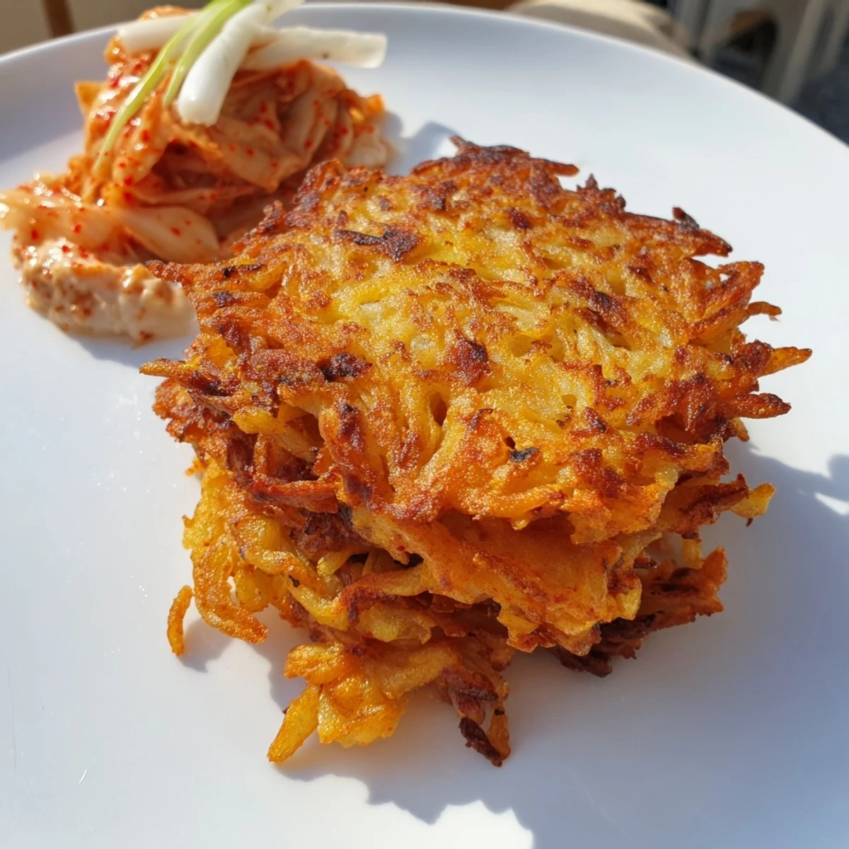 Golden-brown potato pancakes with kimchi yogurt dip, a tempting German fusion appetizer.