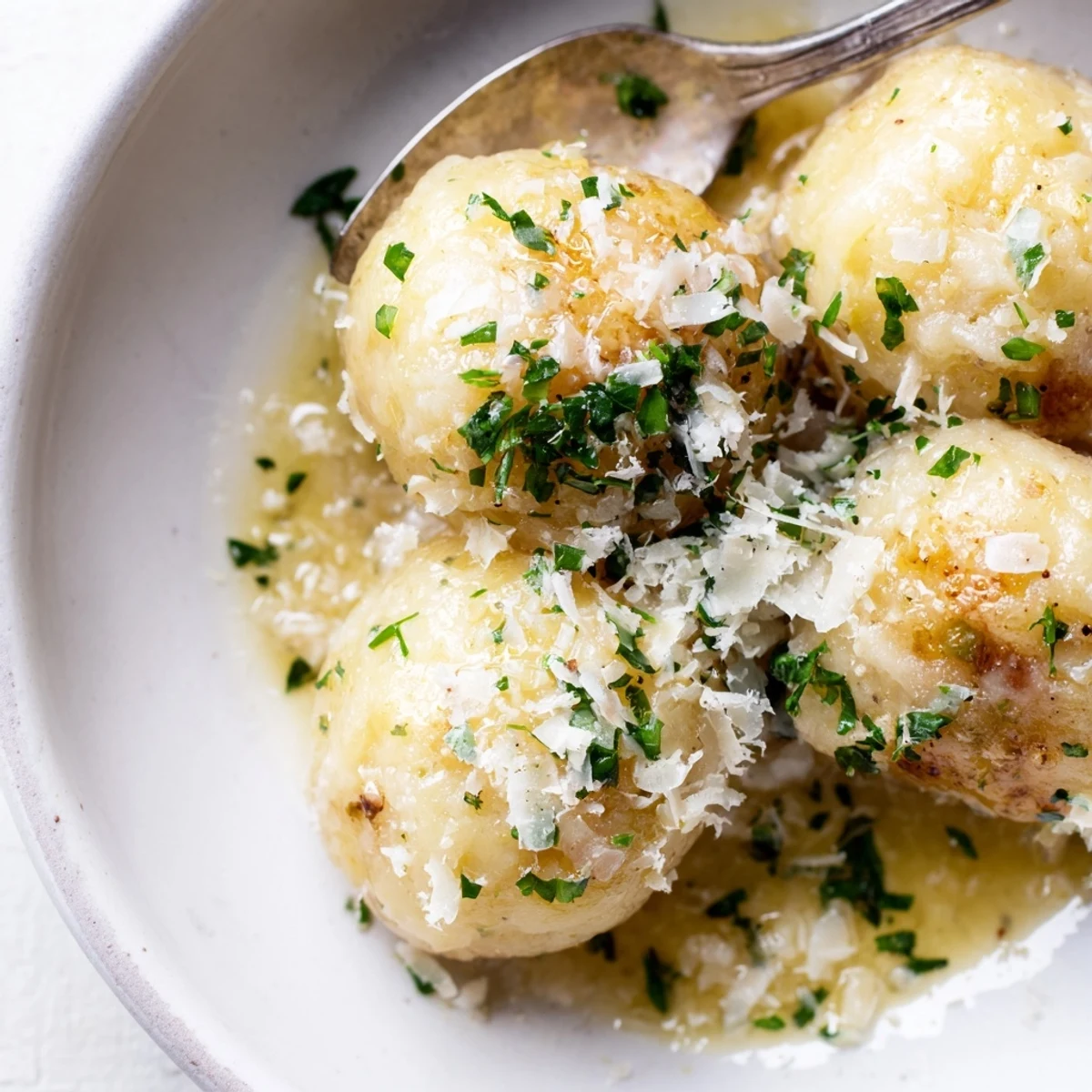 Golden-brown potato dumplings swimming in a rich Parmesan-garlic brown butter sauce; a cozy dinner.