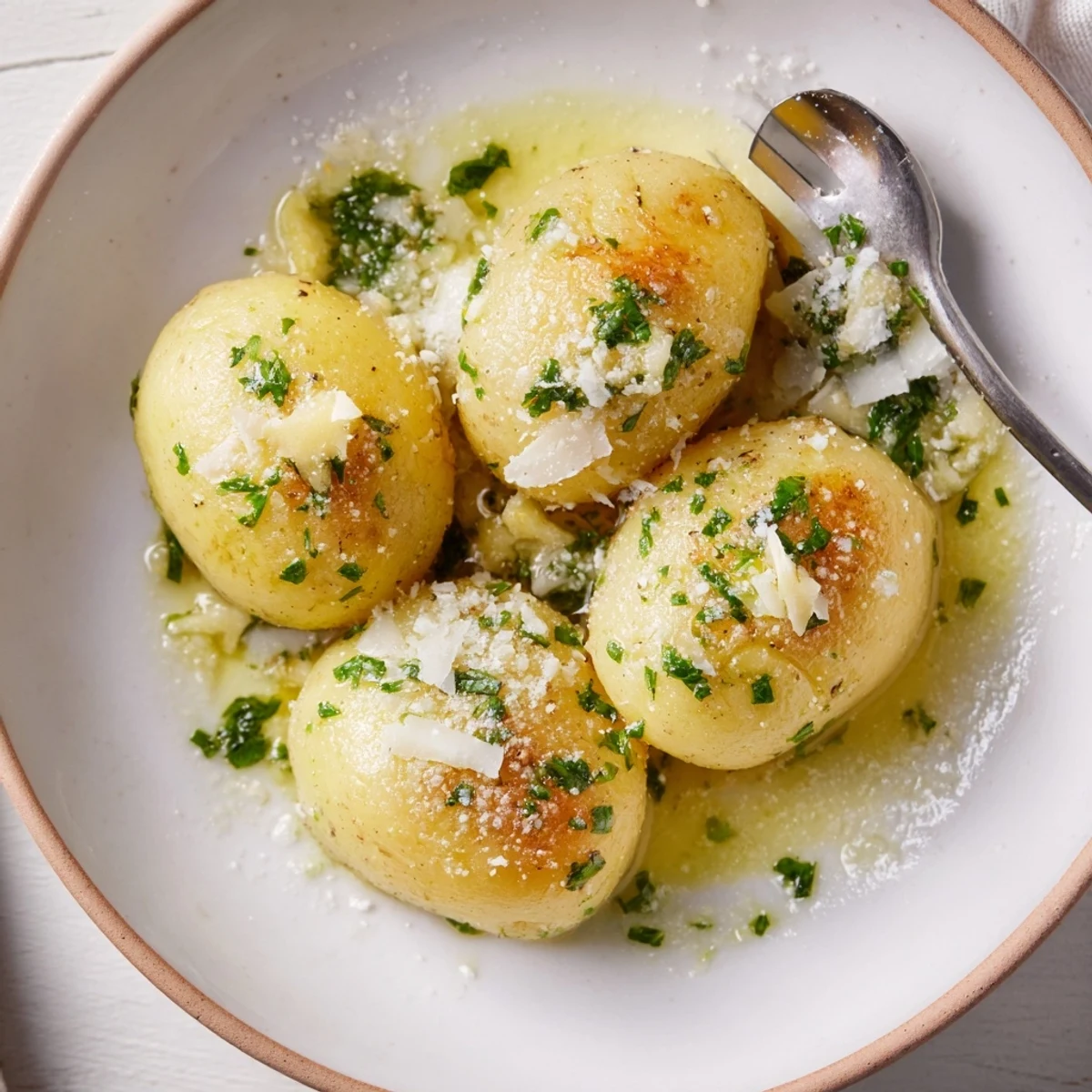 Tender potato dumplings, a vegetarian delight, served with toasted garlic brown butter over a meal.