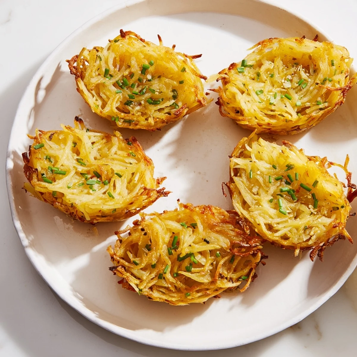 A close-up of perfectly browned Crispy Potato Rösti Boats, hinting at a crispy exterior and tender inside.