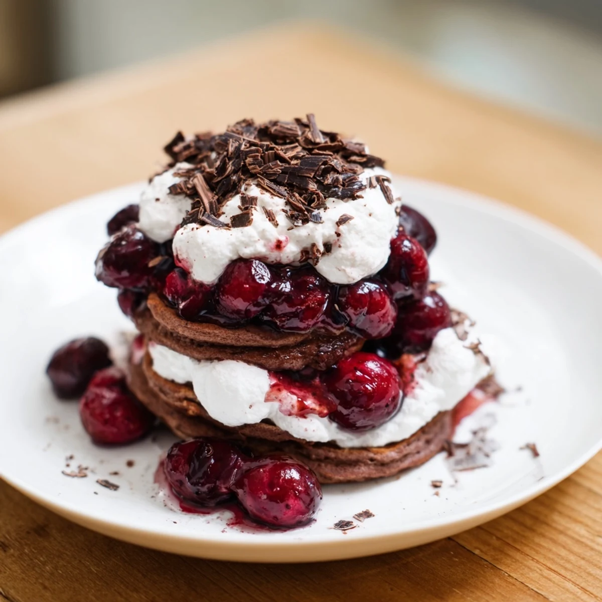 Fluffy Black Forest Pancake Minis drizzled with cherry compote and topped with whipped cream and chocolate.
