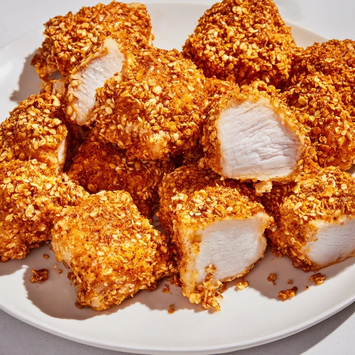 Golden pretzel crusted chicken bites ready to serve with ranch or your favorite sauces.