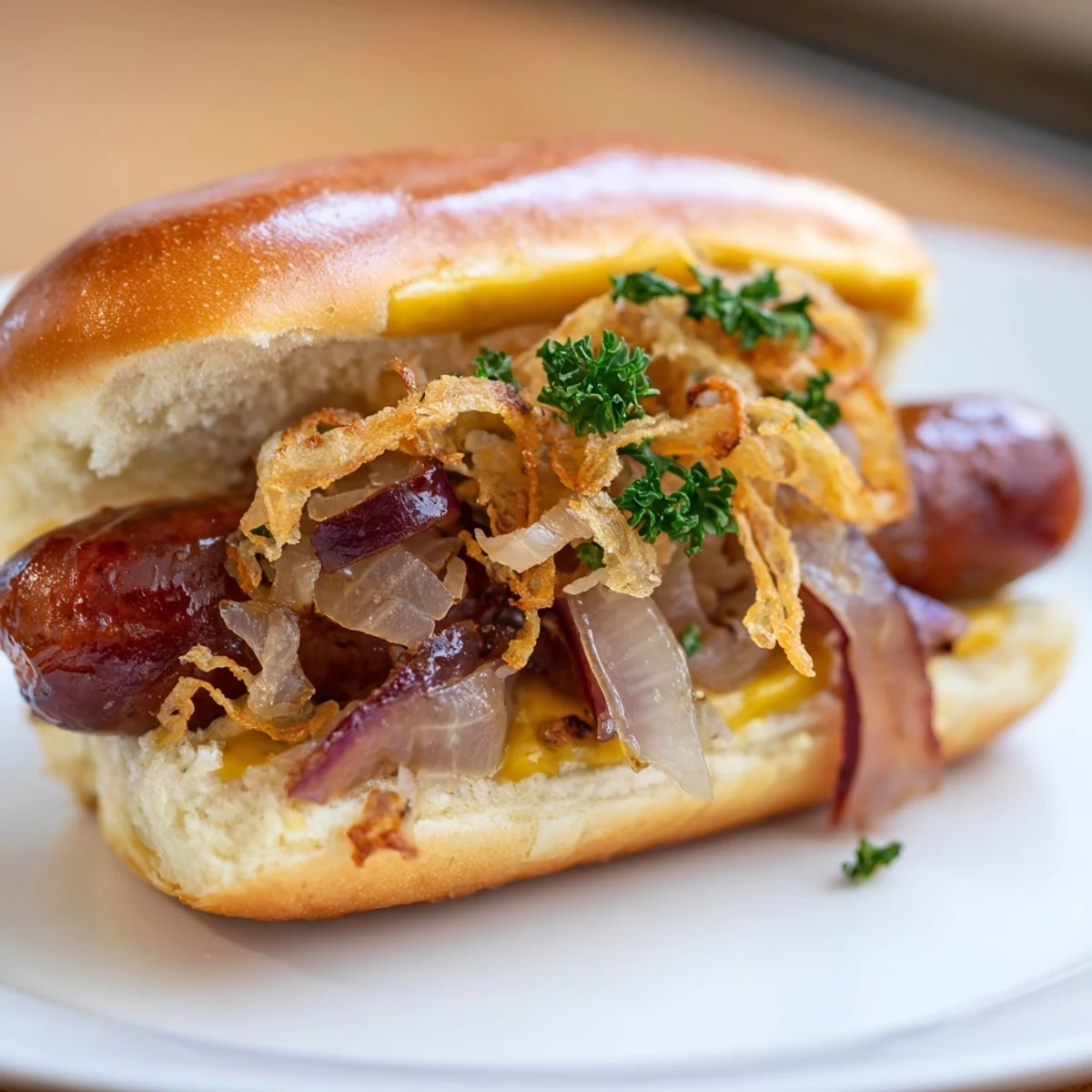 Juicy Mini Bratwurst Sliders are piled high with sauerkraut and onions, a perfect appetizer.