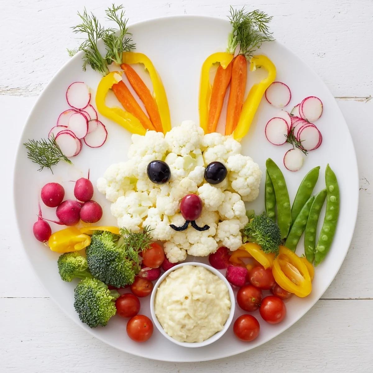A colorful Bunny Meadow Veggie Board: fresh baby carrots and vibrant veggies create a fun snack.