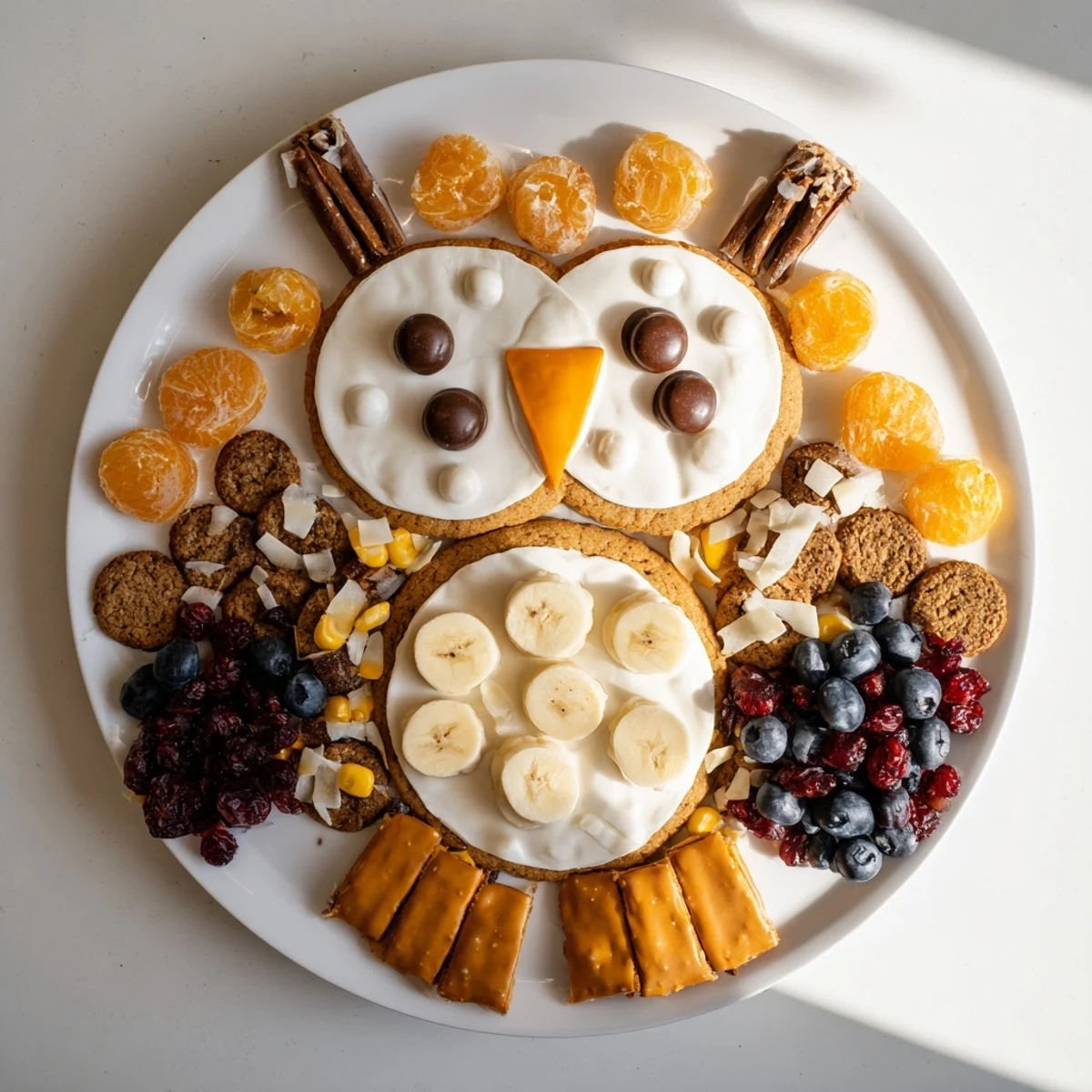 A whimsical Owl Hooting Dessert Board with chocolate cookies, treats, and colorful fruit.