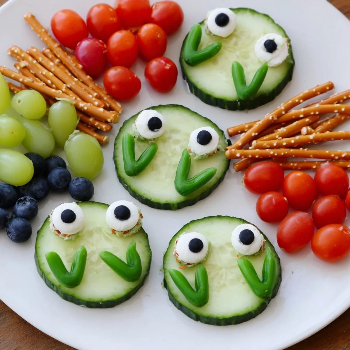 A whimsical Frog Pond Snack Tray with mozzarella frogs on cucumber lily pads, ready to eat.