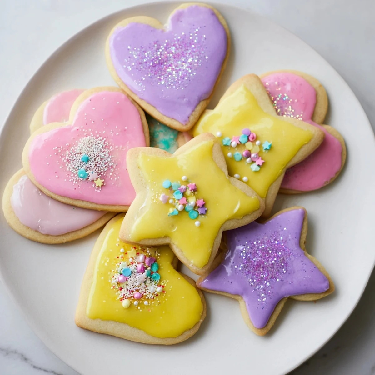 Princess Palace Heart & Star Treats, whimsical sugar cookies with sparkling icing, perfect for a fairy-tale dessert.