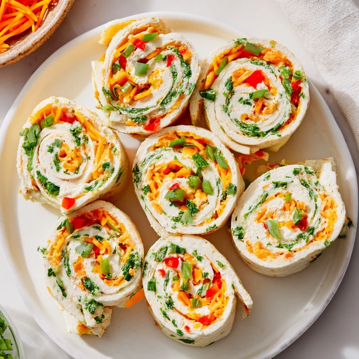 Colorful Cozy Scarf Holiday Pinwheel Wraps arranged on a platter, ready to serve as a festive appetizer.