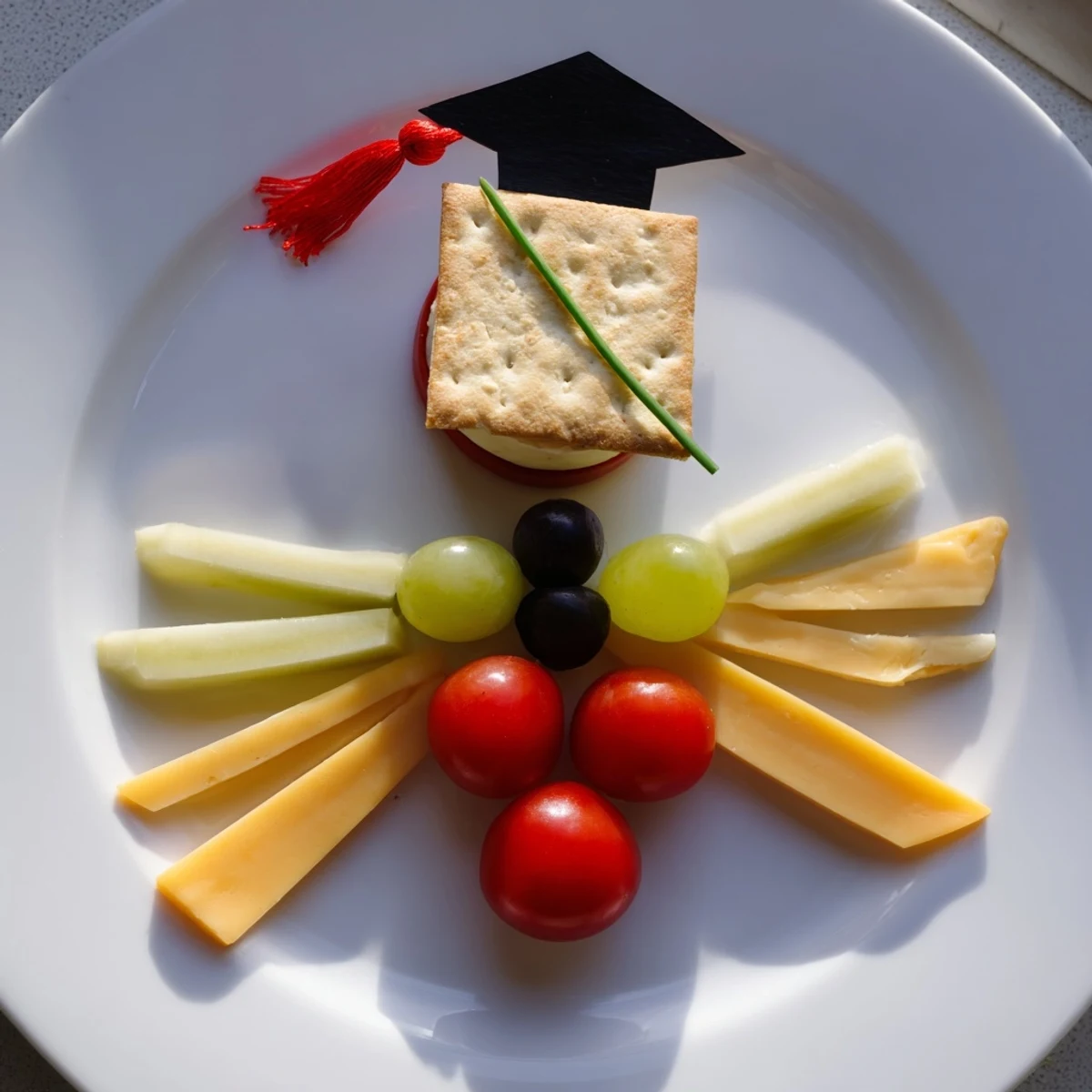 Graduation Cap Platter: A vibrant appetizer platter, showcasing the cap with cheddar and fresh veggies.