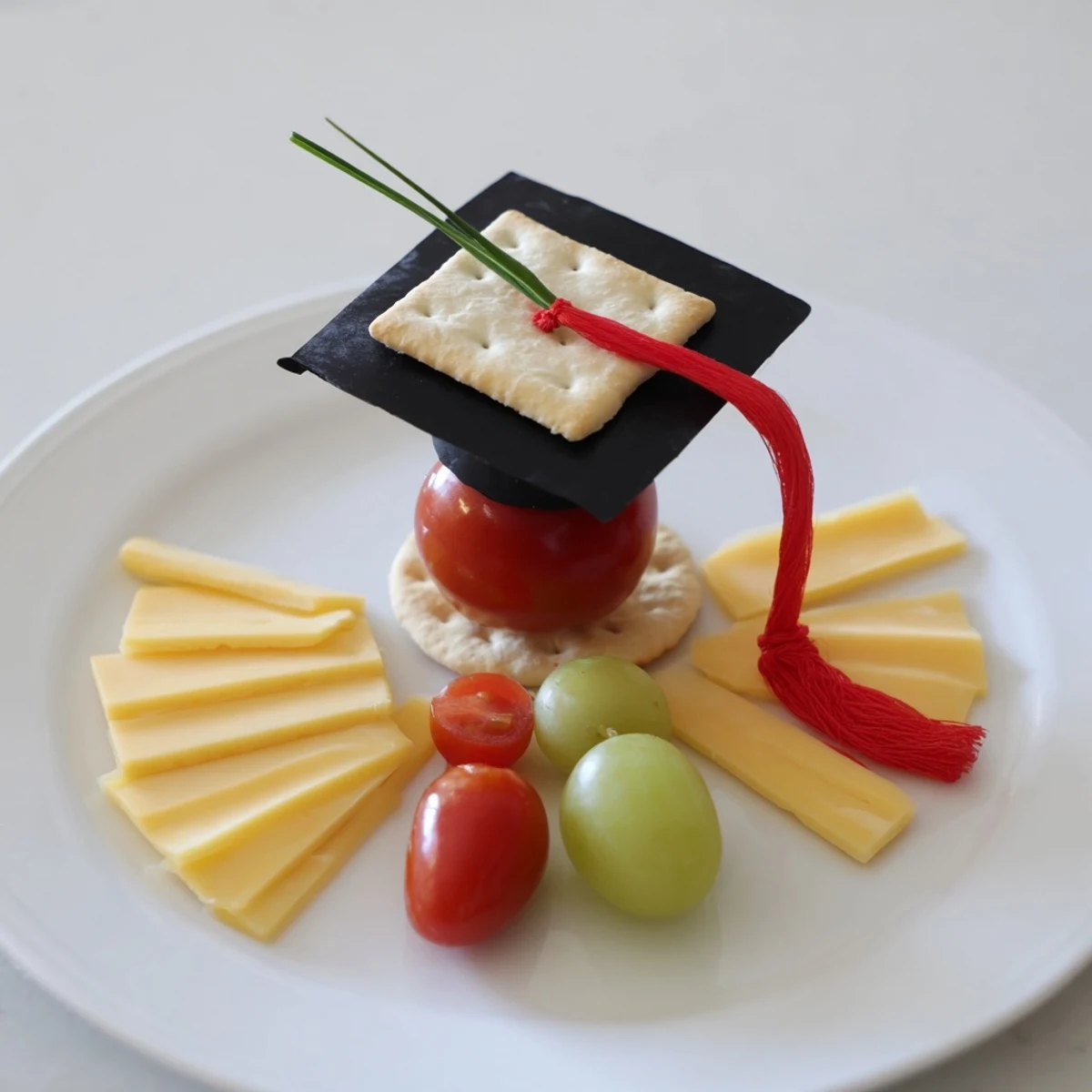 This Graduation Cap Platter features a festive cheese wheel mortarboard surrounded by colorful, tasty snacks.