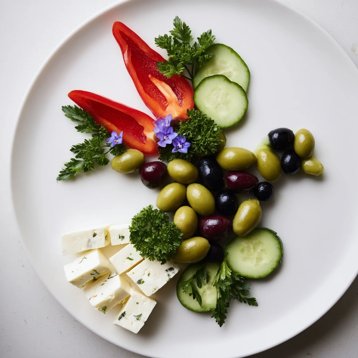 This Colombe de la Paix appetizer features olives, feta, and Manchego cheeses, displayed for a visually appealing presentation.