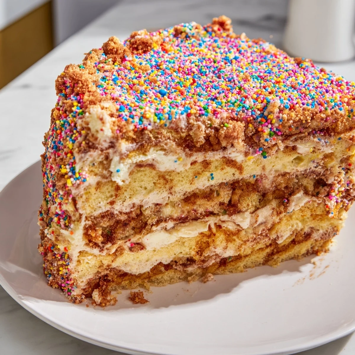 A vibrant slice of moist Happy Birthday Cake, layered with buttercream and sprinkles.