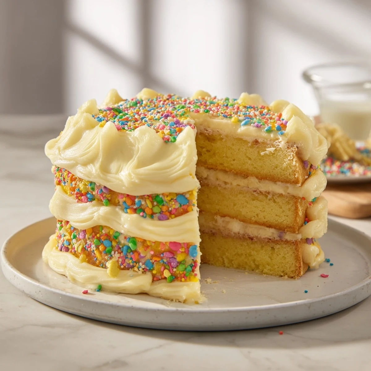 A close-up of a festive Happy Birthday Cake slice, showcasing creamy frosting and colorful sprinkles.