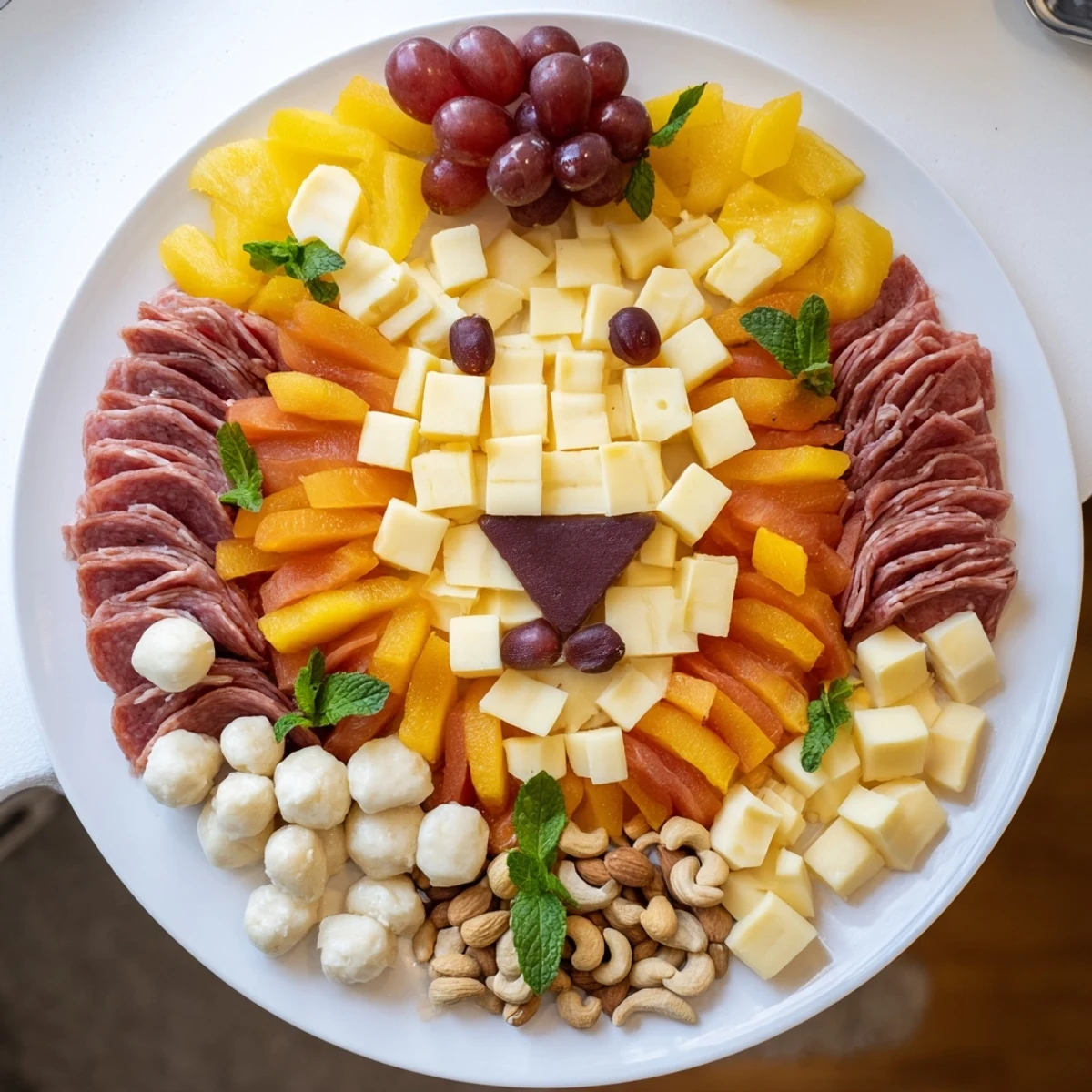 Artfully arranged Lion King appetizer platter with meats, cheeses, and colorful fruit for a party.