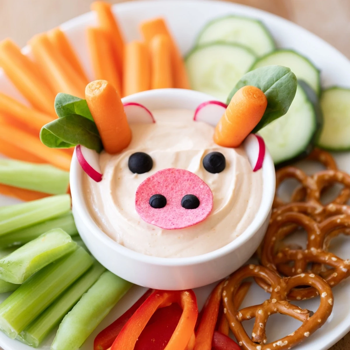 Creamy Piggy Face Dip Bowl, a whimsical appetizer with colorful vegetables ready to dip.