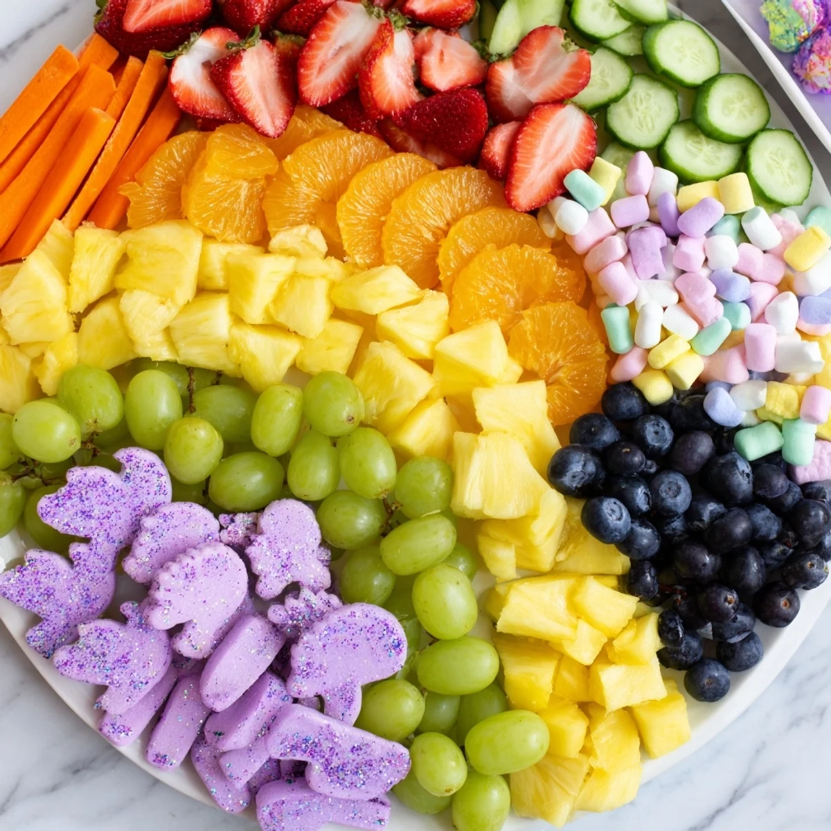 Colorful Magical Unicorn Rainbow Snack Board, featuring fresh fruits, veggies, dips, and treats.