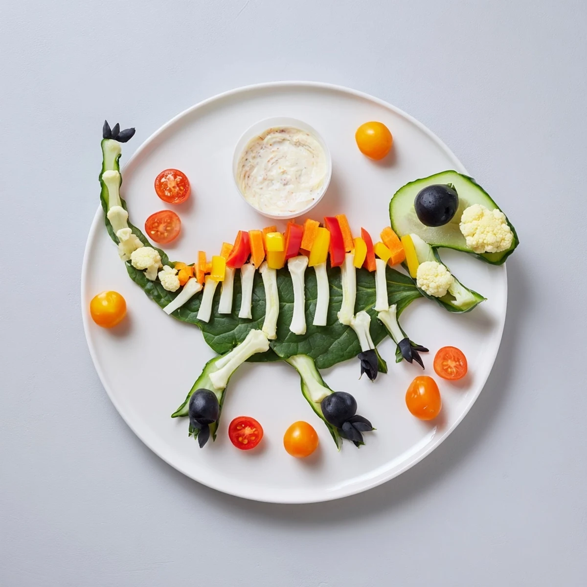 Knackig frische T-Rex Fossil Crudités angerichtet, eine spielerische, gesunde Gemüseplatte für Kinder.