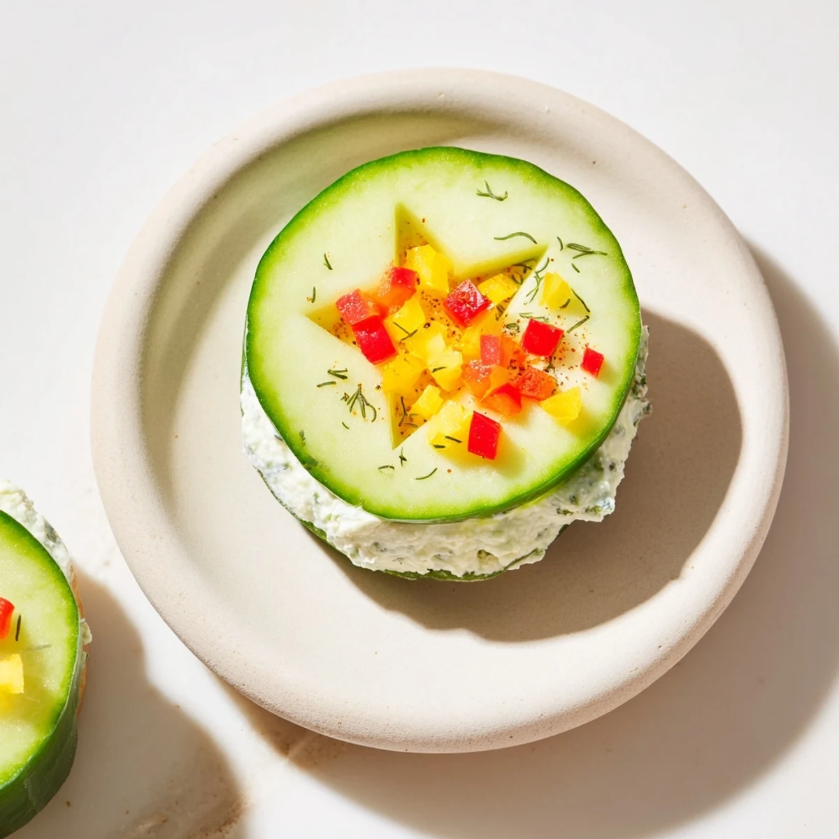 Holiday Star Cucumber Bites, garnished with vibrant peppers and fresh dill, ready to serve.