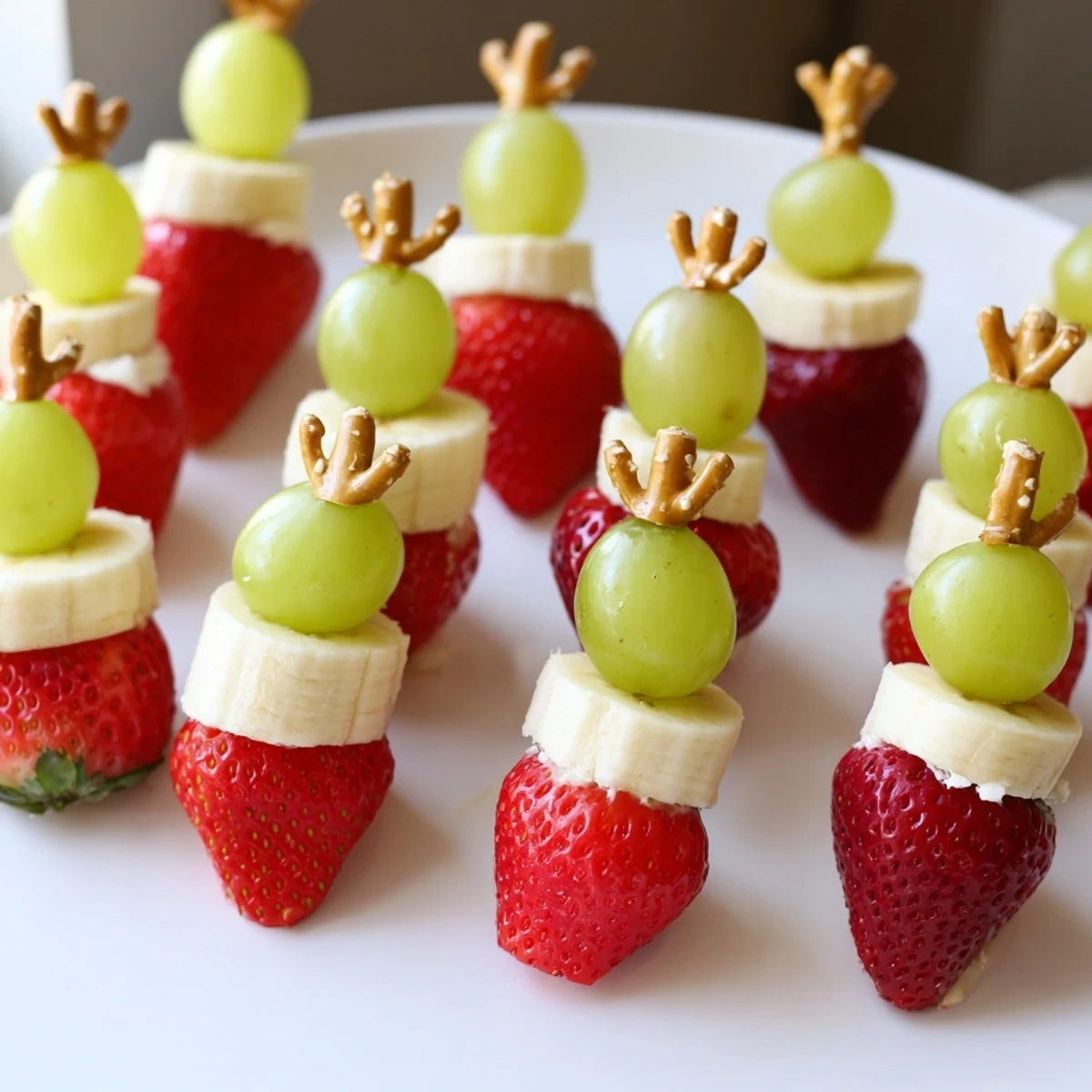 Köstliche Elf-Hut Erdbeer-Spieße mit den roten Erdbeeren, grünen Trauben und Bananenscheiben zum sofortigen Genuss.