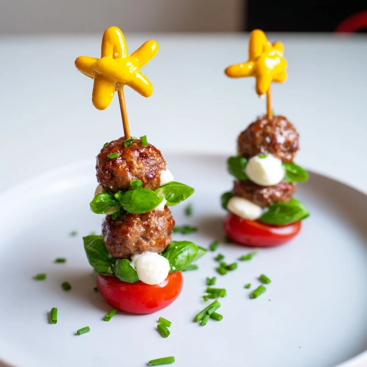 Warm mini meatball Christmas trees with juicy cherry tomatoes and basil, perfect for holiday appetizers.
