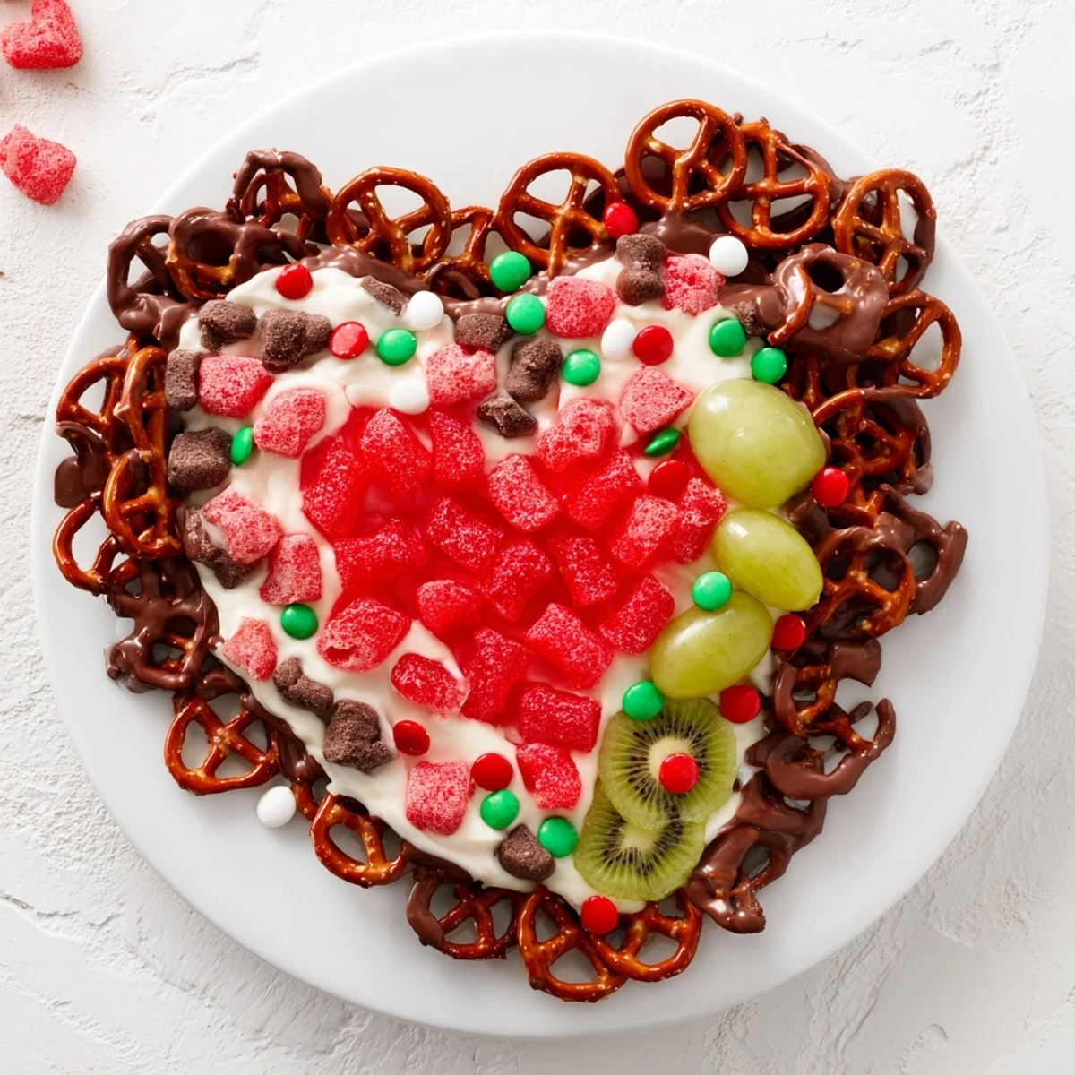 This Grinch's Heart Pretzel Board overflows with sweet and salty treats, perfect for holiday snacking and cheer.