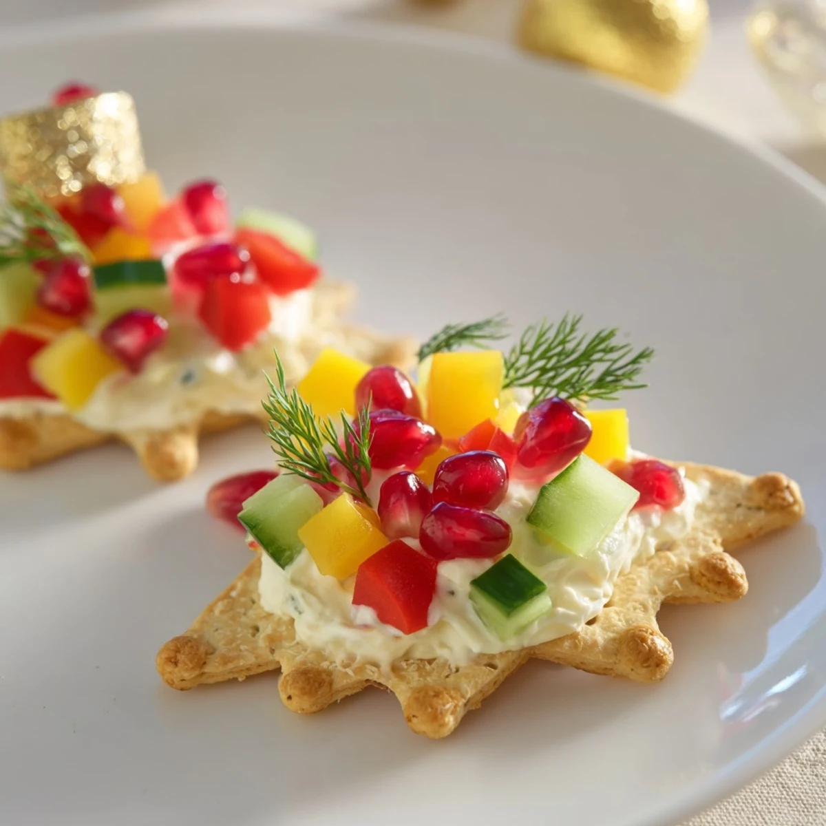 Vibrant image of holiday ornament cracker toppings with diverse veggie toppings; a delicious vegetarian appetizer to serve.