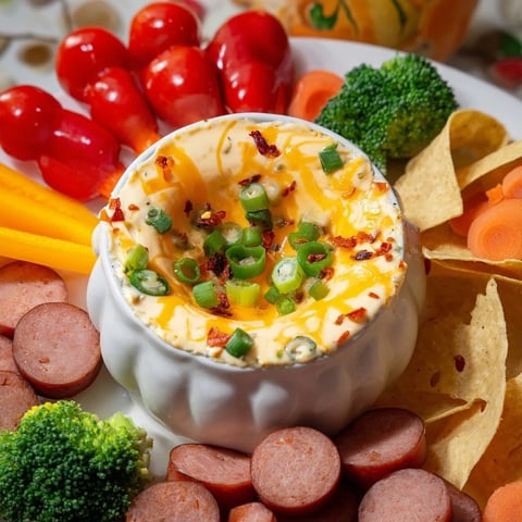A visually stunning Lava Flow Volcano Dip Platter, a spicy cheese dip surrounded by colorful chips.