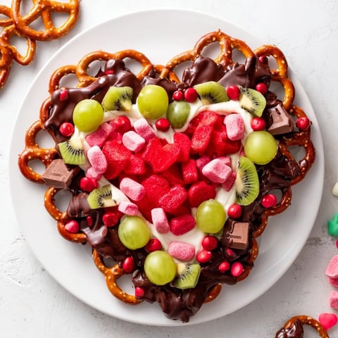 Grinch Heart Pretzel Board: A festive, eye-catching snack featuring sweet pretzels, fresh fruit, and colorful candies.