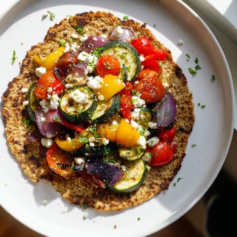 A plate of freshly made Savory Buckwheat Pancakes presented with vibrant roasted vegetables and herbs.
