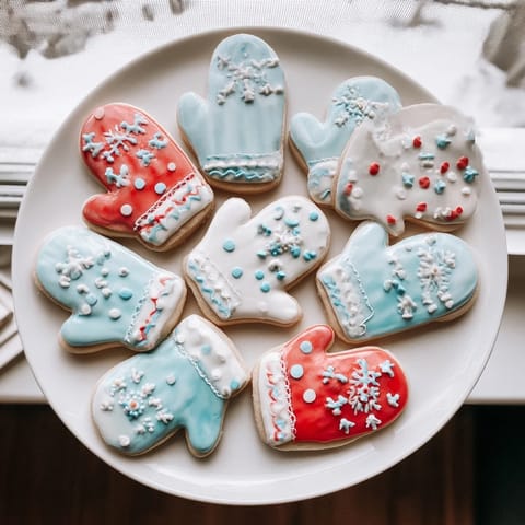 Close-up of frosted Warm & Toasty Mitten Cookies, featuring colorful icing and festive sprinkles.